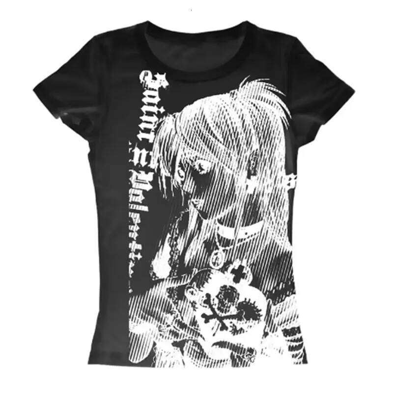 Y2k anime Streetwear O-neck 90s Text Printing Tops Women Harajuku Clothes Simple Vintage Crop Tee Aesthetic emo Casual T-shirt XJ260306