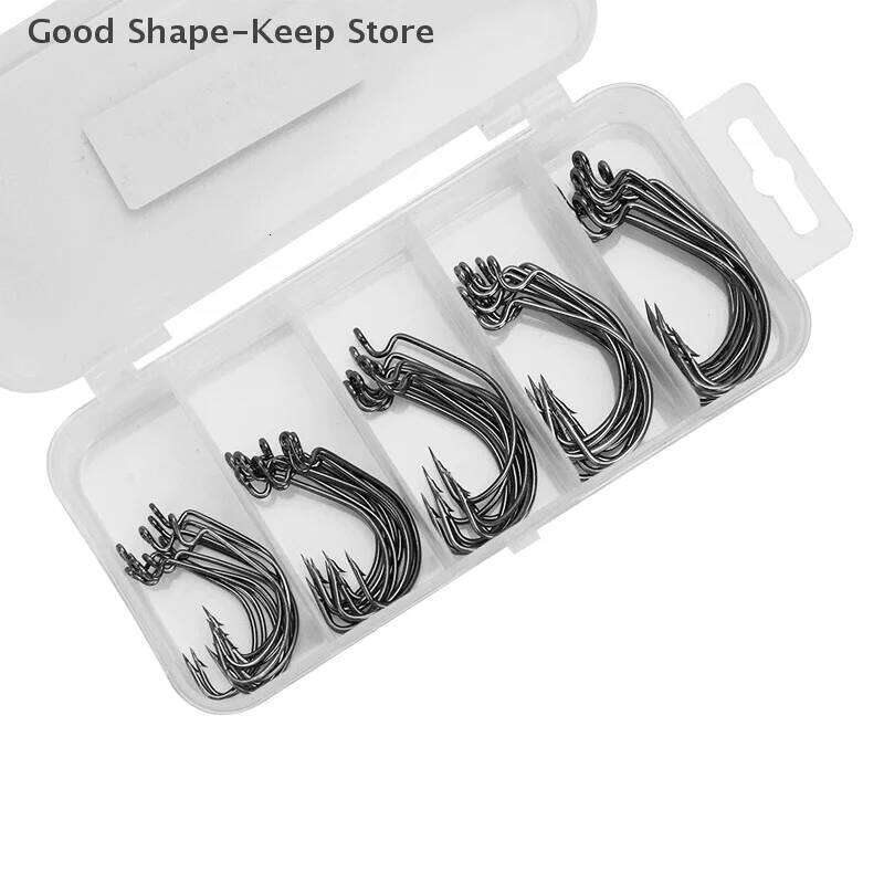 51 Pieces Crank Hook Set Wide Belly Subsoft Bait Hooks Black Red Nickel Plastic Box Packaging for Fishing Gear S260305