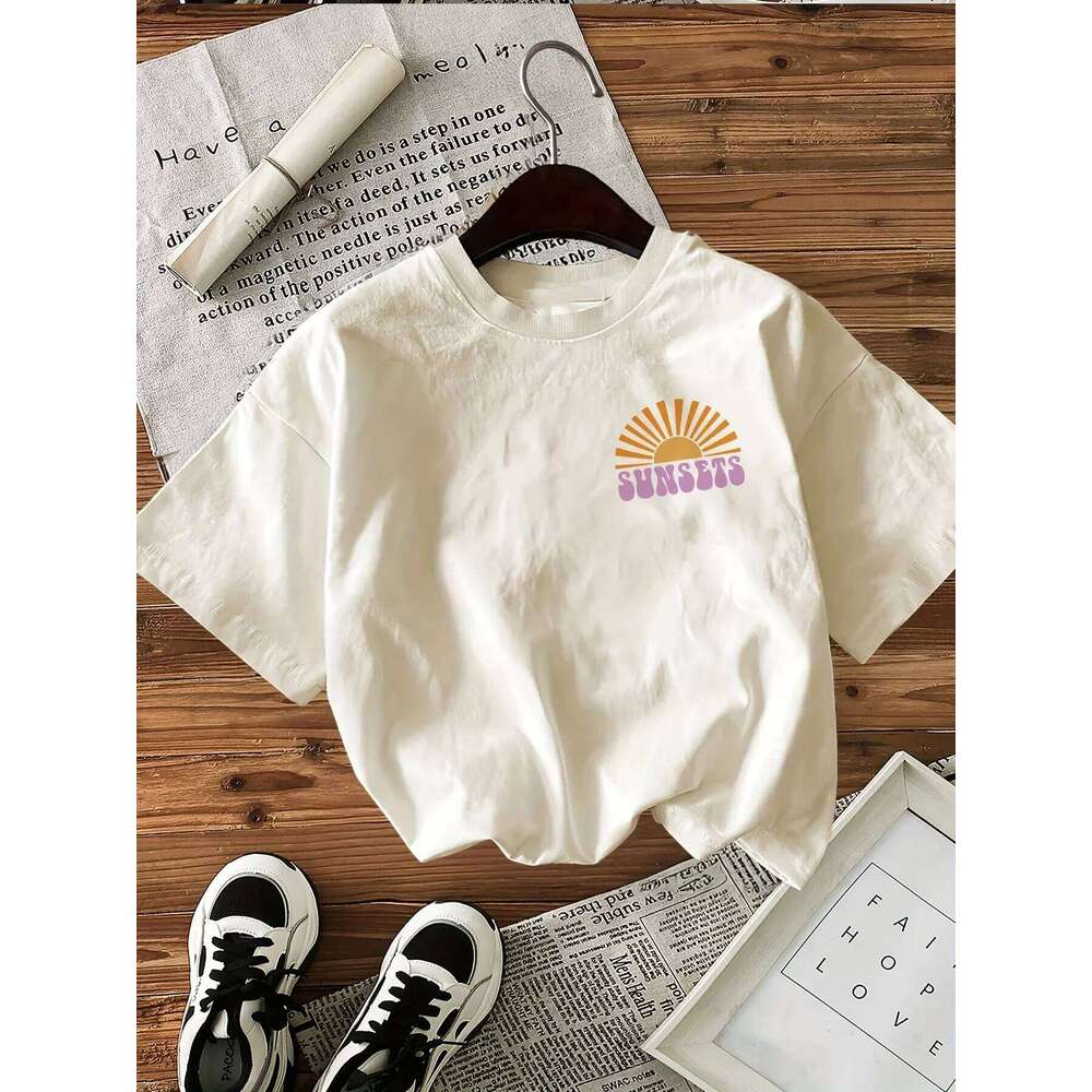 Forever Chasing Sunsets Printed T-Shirts Female Funny T Shirts Korean Fashion Graphic Casual Summer Tops Women Clothing XJ260306