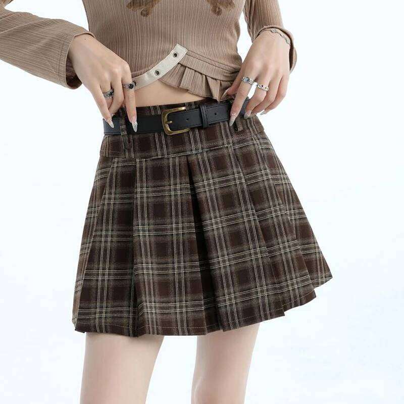 Preppy Plaid Mini Women High Waist A Line Belt Pleated Student Skirts Autumn Harajuku Sweet Casual Vintage Female Skirt XJ260309