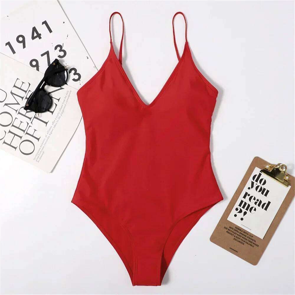 Vintage RED Bikini V-neck Sling Swimsuit Fashion Swimwear Women One-piece Monokini Bathing Suits Beach Vacation Outfits Biquinis XJ260206