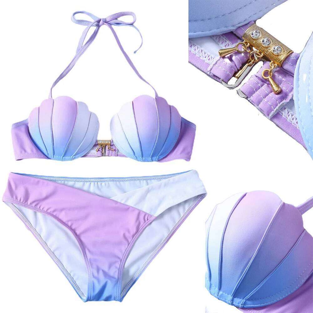 Mermaid Style Fashion Women Two Pieces Bikini Set Gradient Color Shell Halter Swimsuit Girl Swimwear Sports Beach Clothing 2023 XJ260206