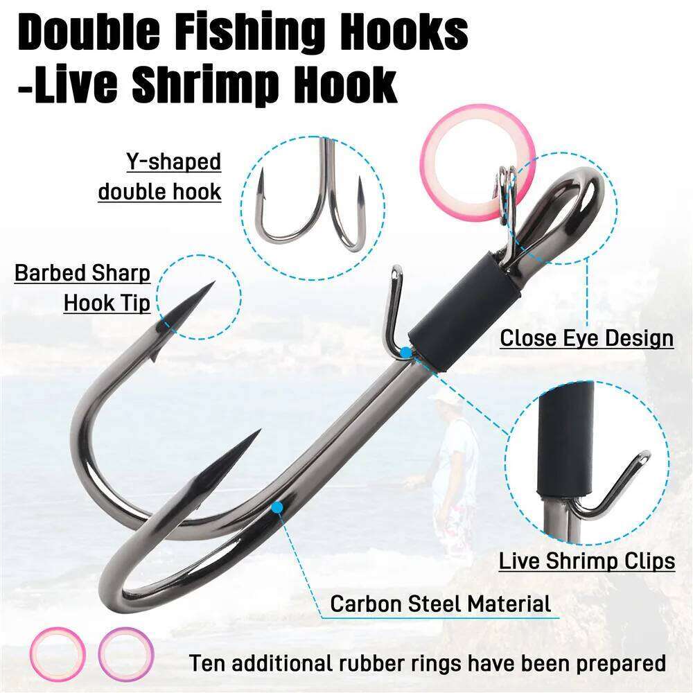10pcs Fishing Hook Double Hooks Live Bait Holder Shrimp Walker Fishhooks for Bass Groupers Catfish S260305