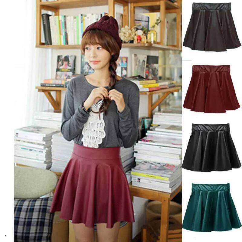 Sexy Women Slim PU High Waist Short Mini Skirt Pleated Party Faux Leather Skirts XJ260309