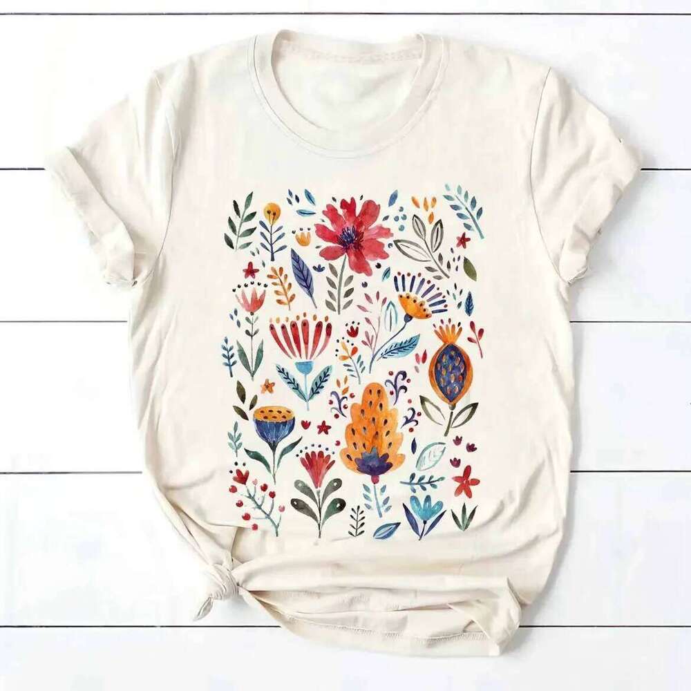 Harajuku 90s Fashion Leisure Women's Flower Pattern T-Shirt Clothing Short Sleeve Printed Watercolor Trendy T-Sh XJ260306
