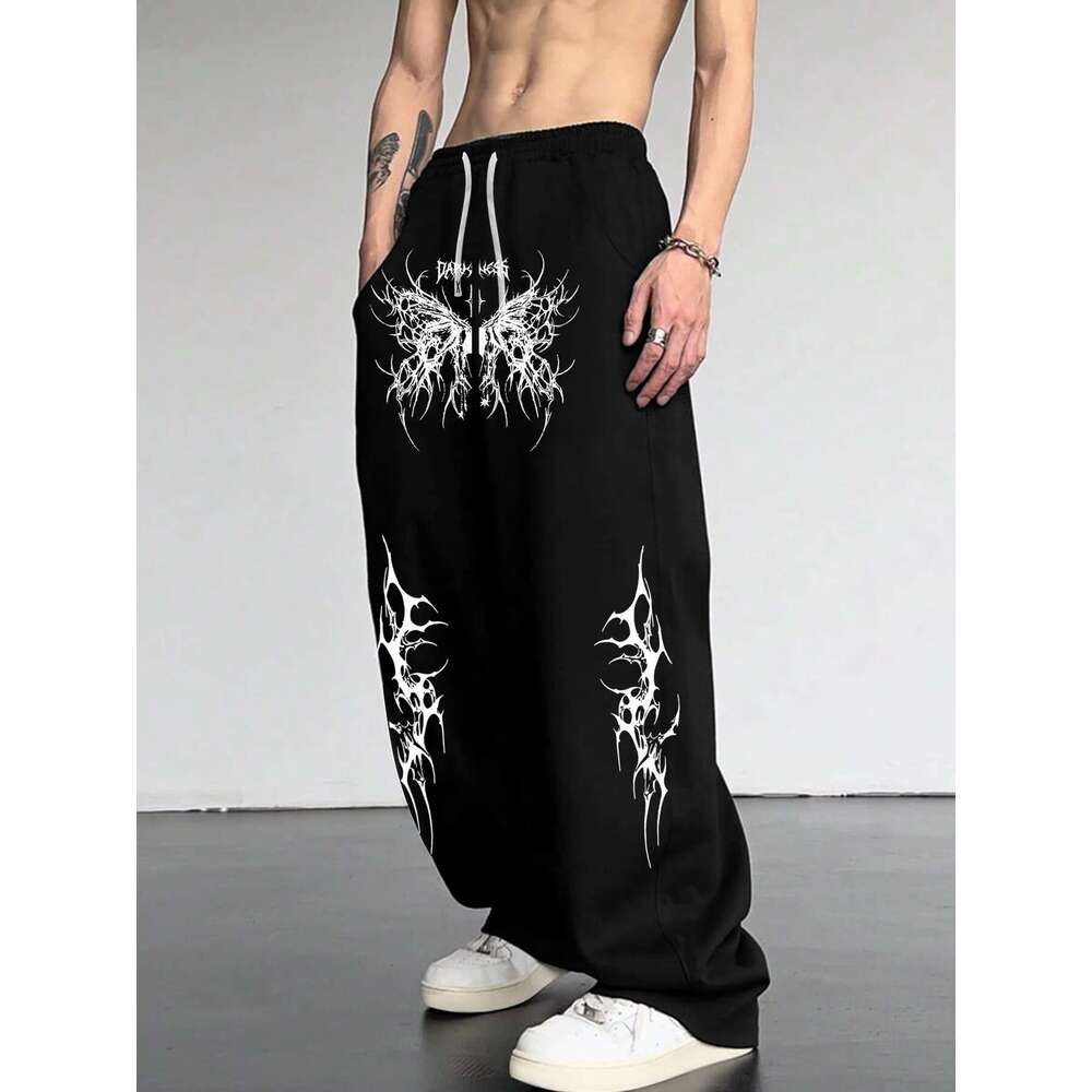 Spring And Autumn New Y2k Dark Gothic Print Loose Slimming Unisex Drawstring Sweatpants Wide Leg Joggers