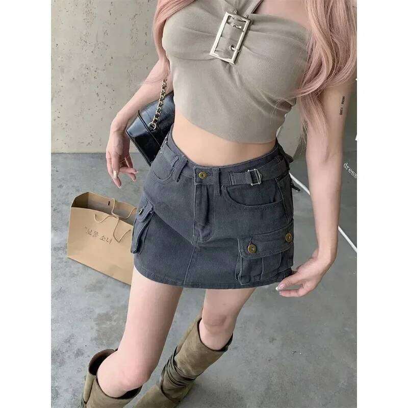 Khaki Cargo Denim Short dress Women American vintage A Word High Waist Skirt Gyaru Anti-exposure Hip-wrapped Culottes XJ260309