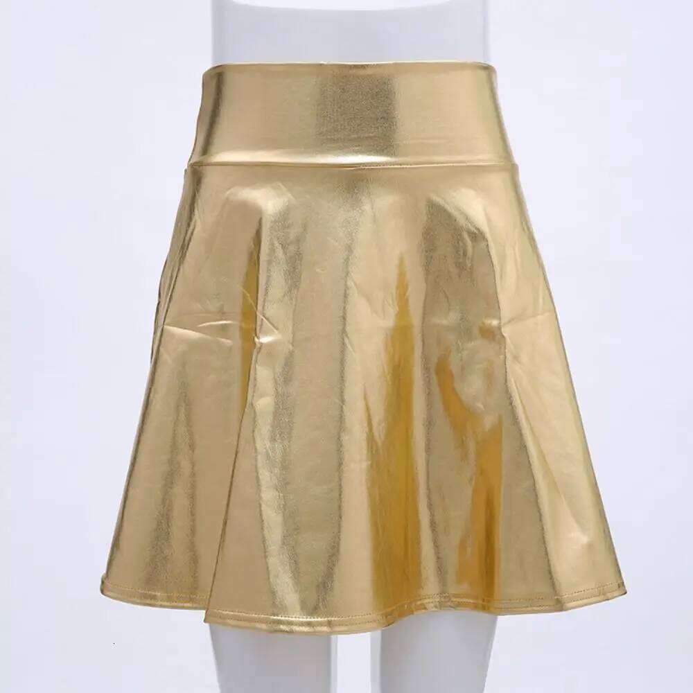 Elegant Metallic Pleated Gold Silver Flared Design Shiny Dress Retro Elastic Girls Short Mini Skirt Party Wear XJ260309