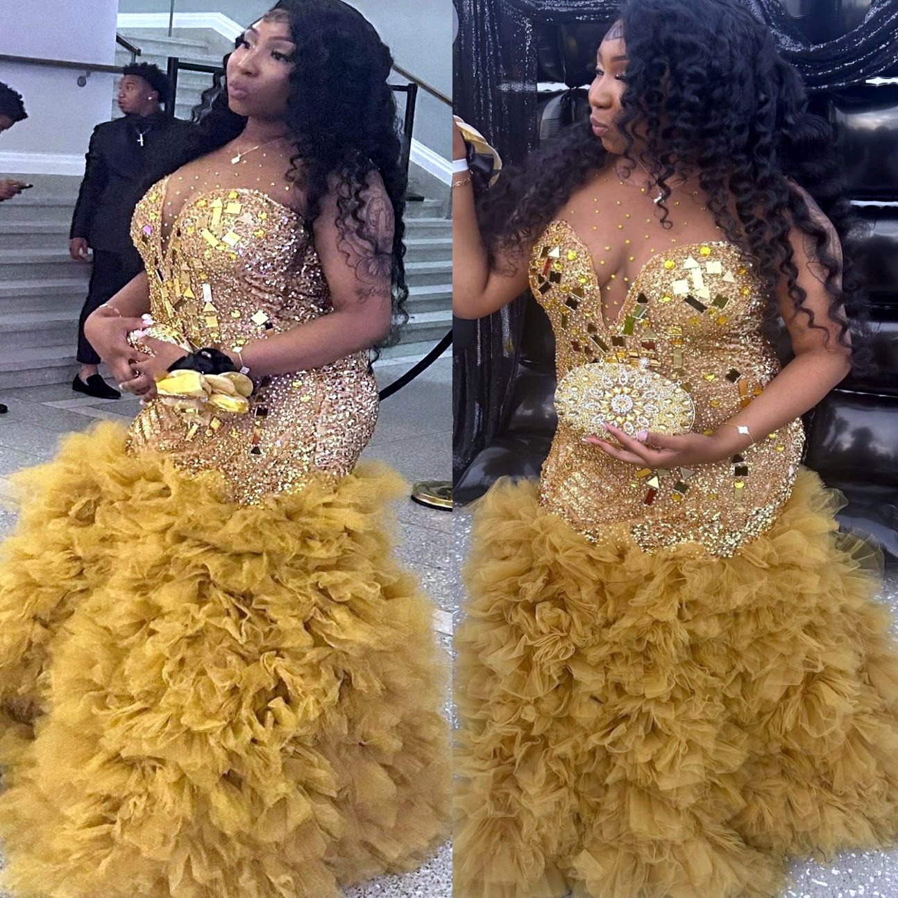 2K26 Gold Prom Dress 2026 Mermaid Prom Dress Sheer Neck Crystals Beaded Tiers Sequined Evening Dresses Birthday Party Formal Receiption Gowns Dresses ZJ076