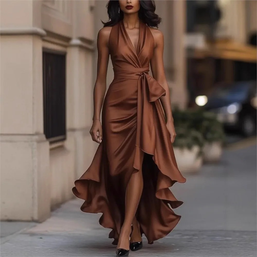 Elegant Womens Evening Rules Ruffled Slit Dress Summer Sexy Deep V Neck Backless Slimming Lady Waist Cinching Lace Up Dreses 260304