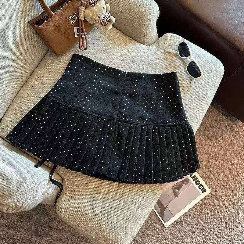 Preppy Varsity Korean Japan Style Sweet Bloe Gyaru Women's short Polka Dot Solid color Bow Pleated Skirt Mini skirt Summer XJ260309
