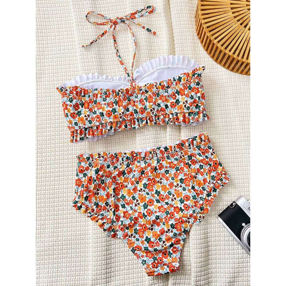 Flowers Printed Ruffled Bandeau Female Swimsuit High Waist Women Swimwear Two-pieces Bikini set Bather Bathing Suit Swim XJ260206