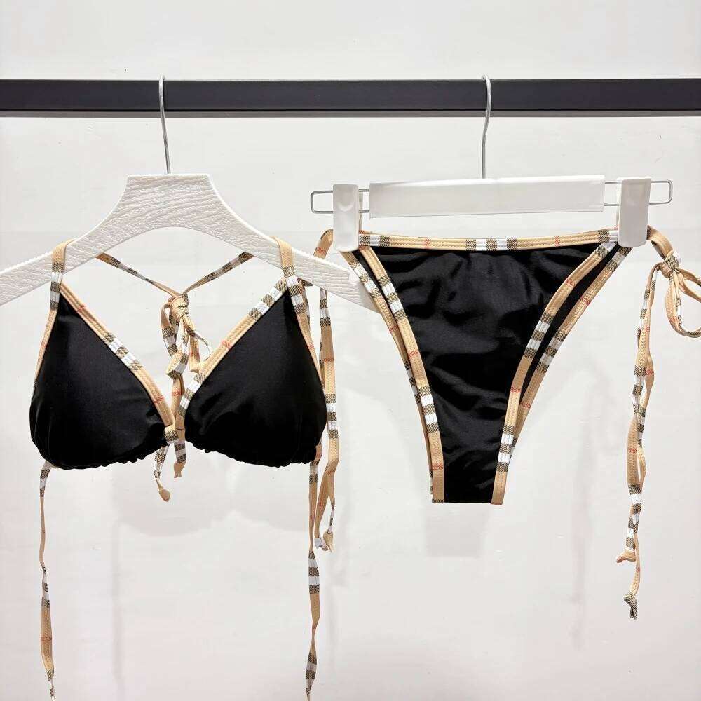 Luxury Brand Design Sexy Black Print Bikini 2 piece Set Women Halter Elastic Thong Swimsuit Beach Bathing Suit Holiday Beachwear XJ260206