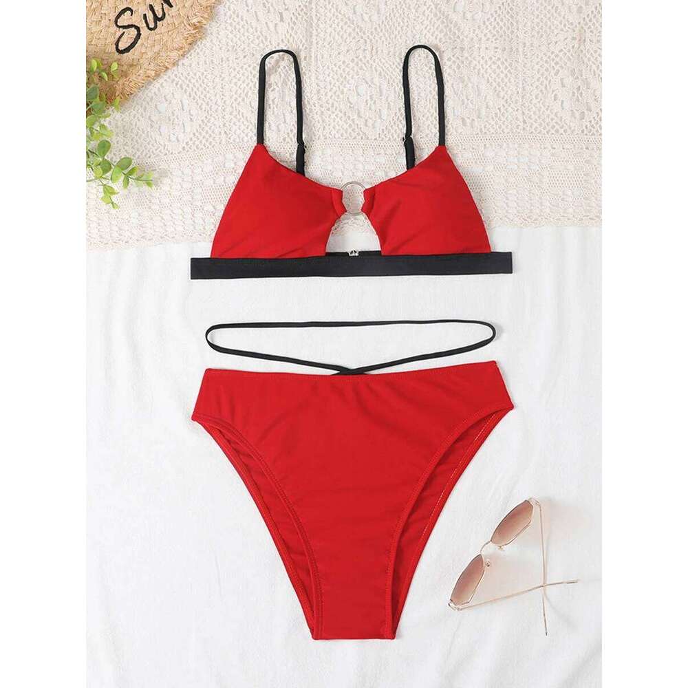 Hollow Out Bikini 2025 Women Ring Link Swimsuit Solid Padded Swimwear Female Bathers BathingSwimming Swim Suit Beachwear XJ260206