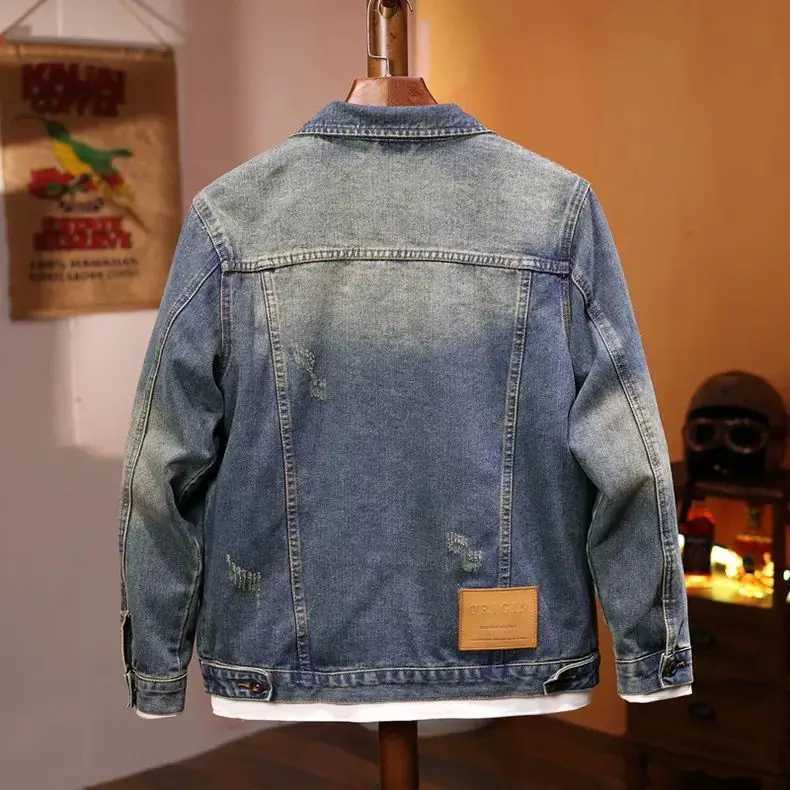 Korean Fashion Stylish Retro Cotton Outerwear Men Single Breasted Casual Jacket Spring Autumn Embroidered Jeans Coat M260309