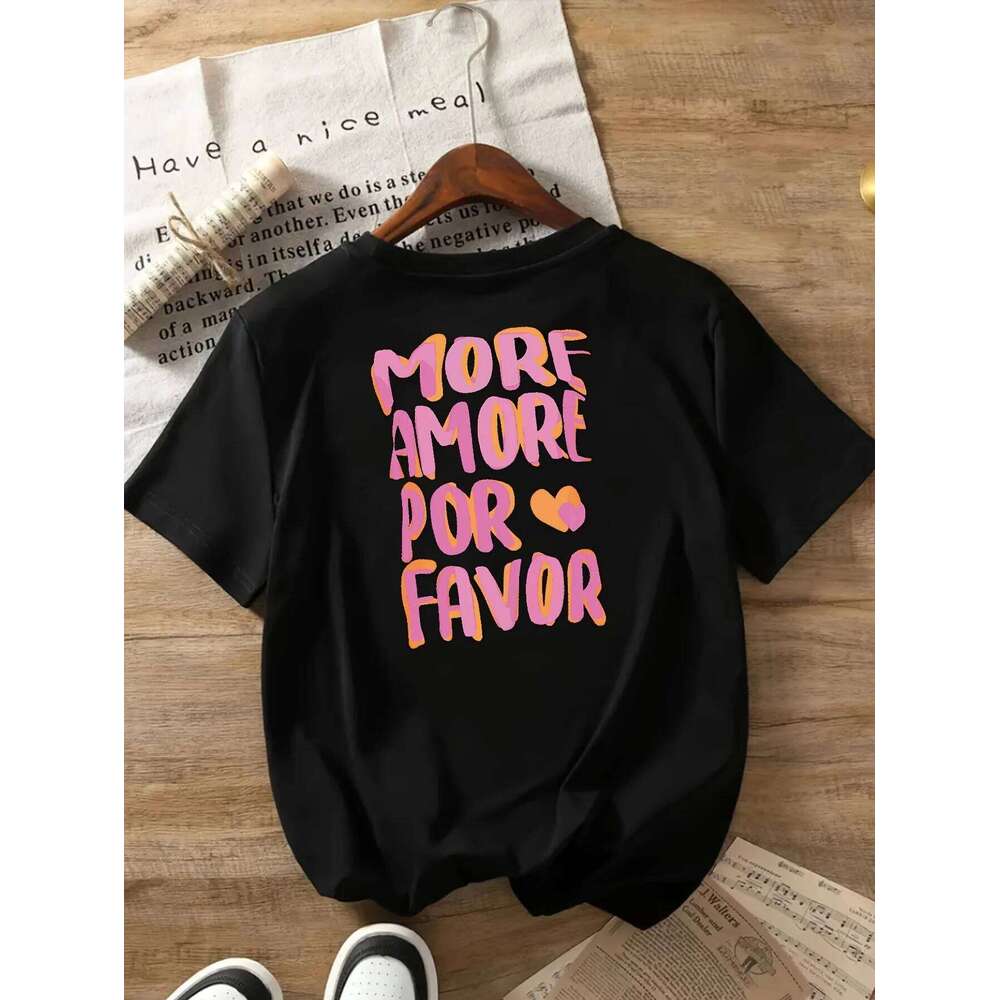 MORE AMORE POR FAVOR Women's Crew Neck T-Shirt Pink Print with Hearts Harajuku Short Sleeve Casual XJ260306