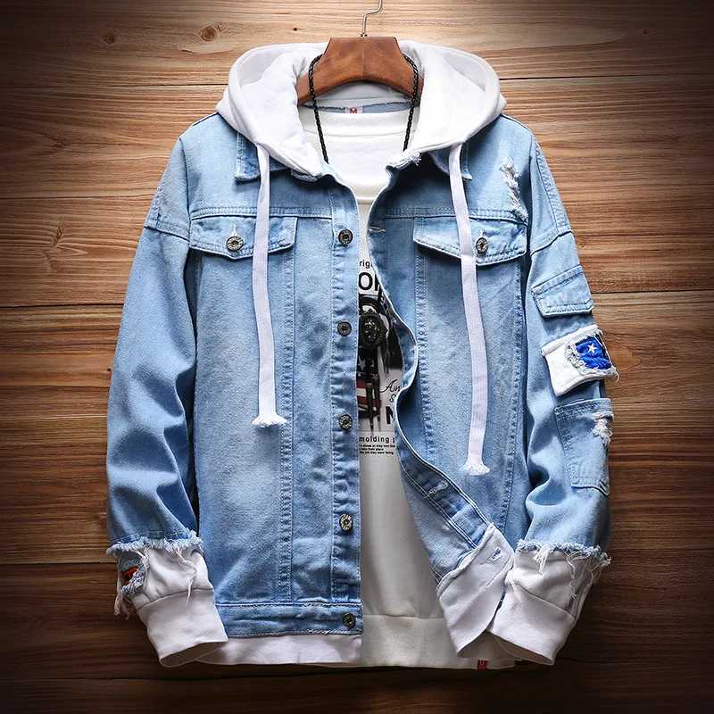Hot 2020 Fashion Denim jacket male hooded autumn handsome jacket autumn clothing Korean teenagers students loose fake two gowns M260309