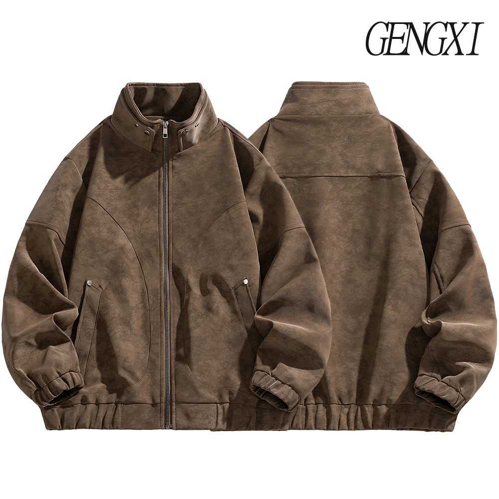 High Street Mens Suede Textured Stand-Up Collar Leather Jacket Vintage Pilot Jacket Loose-Fitting Windproof Coat M260309