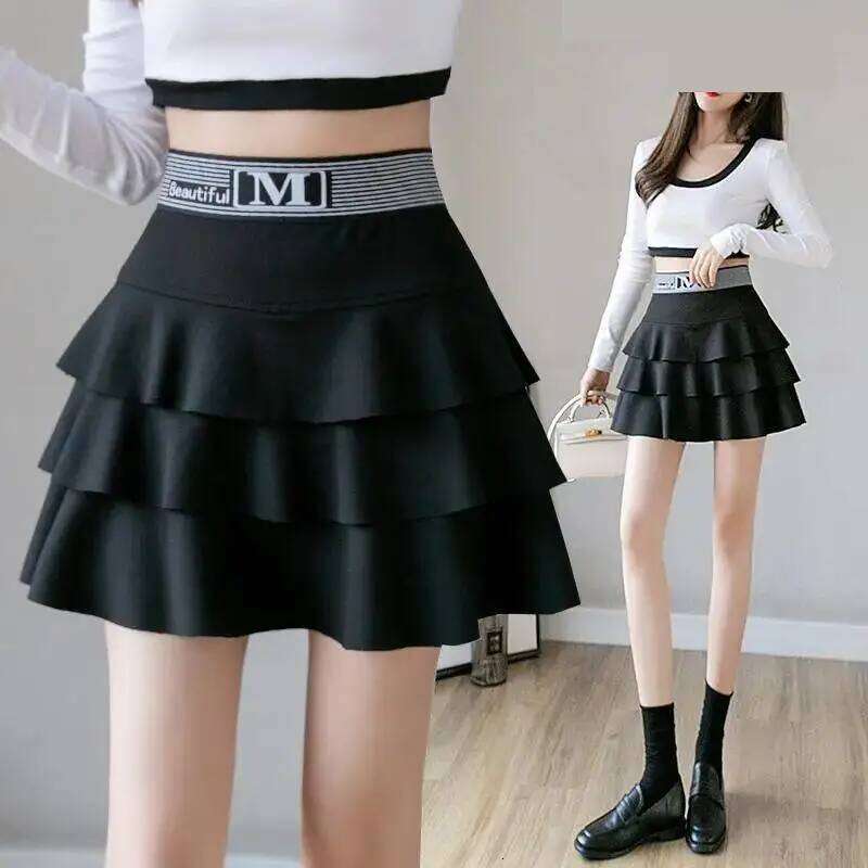Kawaii Women's Cake Harajuku Summer Winter High Slim Unkempt Black Elastic Waist Anti-glowing Lining Mini Skirt Sexy XJ260309