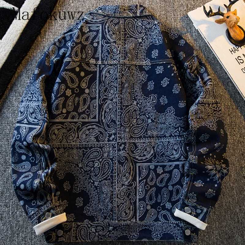Autumn Retro Ethnic Style Jacquard Denim Jackets Mens Handsome Loose Casual High Street Workwear Jacket Tops Male Clothes M260309