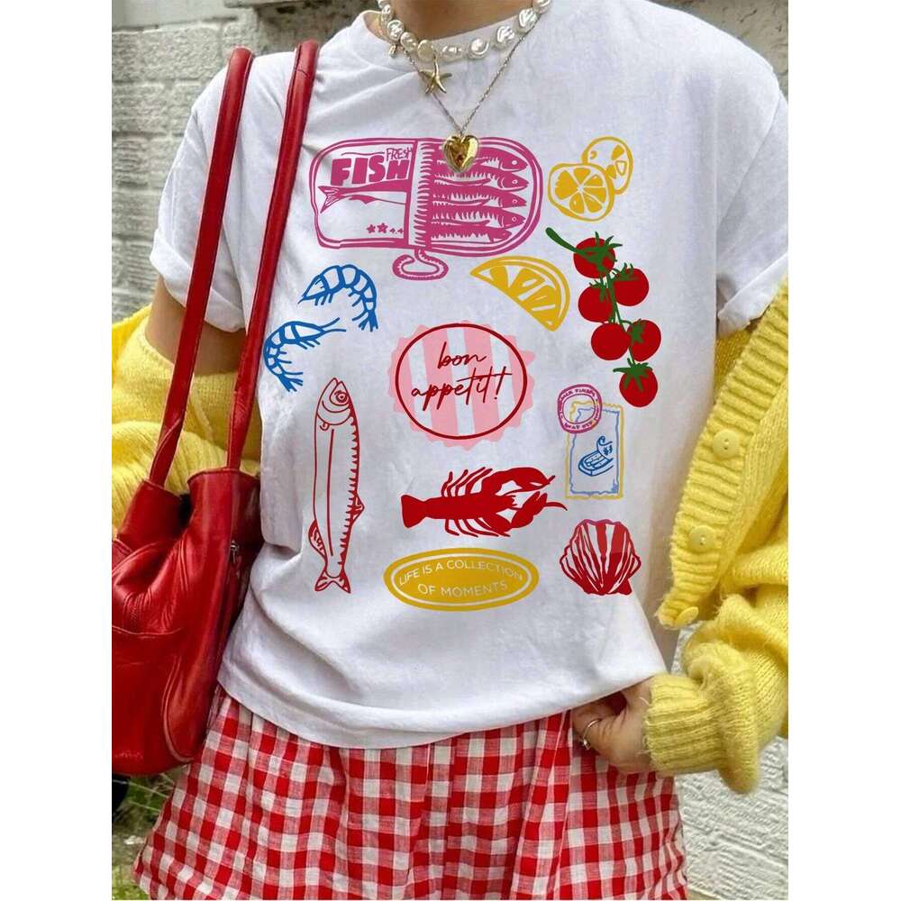 Women Seafood Fruit Pattern Print Casual Short Sleeved Tshirt Vintage Female Clothing Graphic Tshirts Y2K Top XJ260306