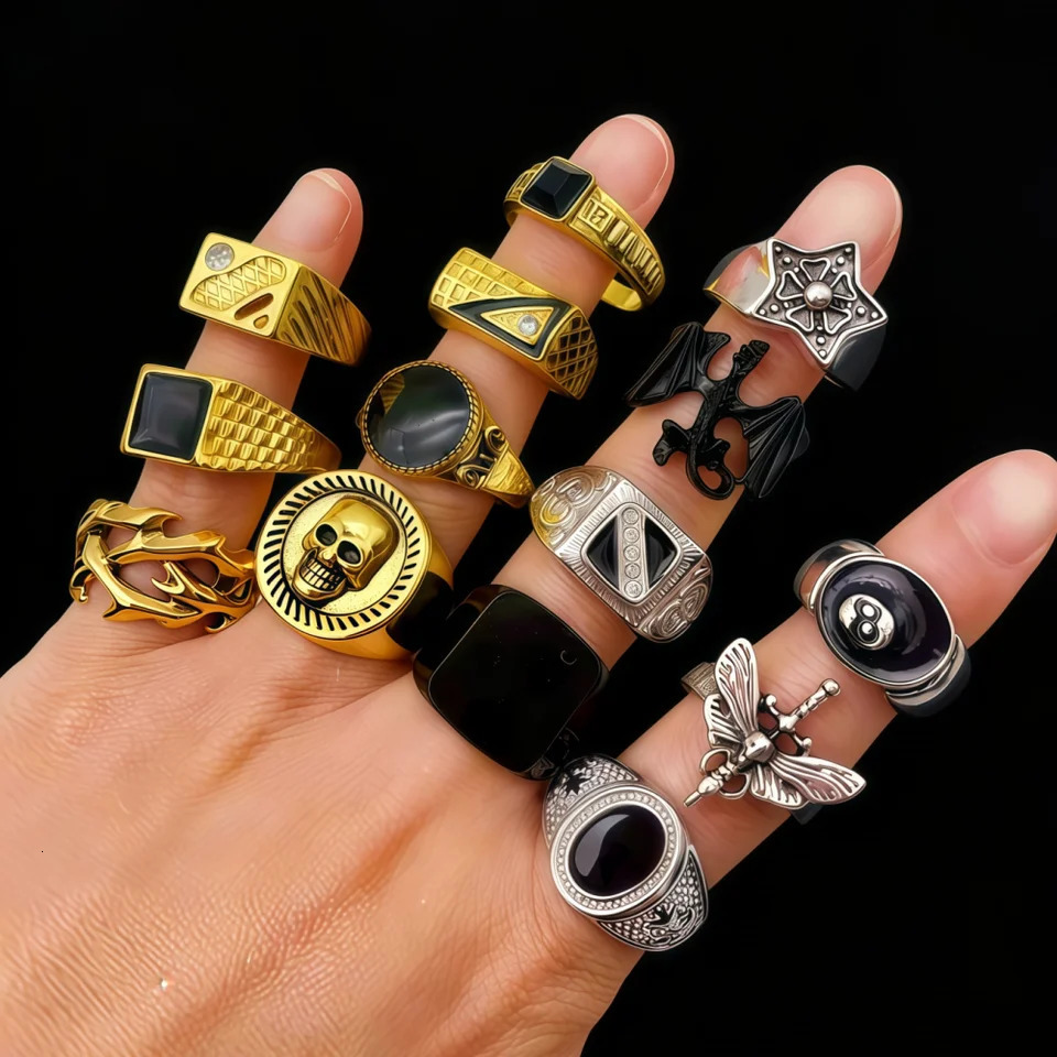 6/8/12/24/36/48/100Pieces Vintage Punk Geometry Square Rings Set For Women Men Mix Style Retro Skull Eye Finger Jewelry Party 260303