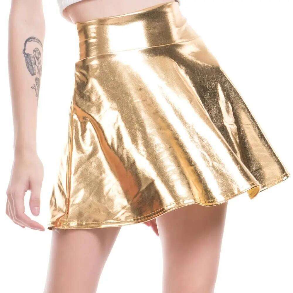 Elegant Metallic Pleated Gold Silver Flared Design A-line Solid Color Retro Girls Short Mini Skirt Clubwear XJ260309
