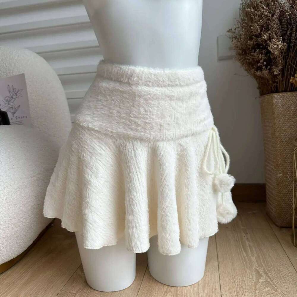 2026 Spring Beige Knit Skirt New Retro Ballet Knitted Ruffle Edge High Waist Slimming A-line Short Skirts Women Japanese Kawaii XJ260309