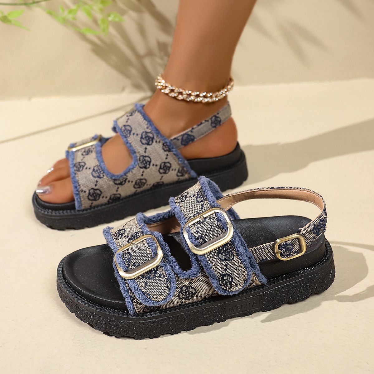 Free Shipping 2026 Summer New Design Print Casual Fashion Platform Sandals Thick Soles Outdoor Beach Vacation Women's Cool Sandals Brown Blue Siz