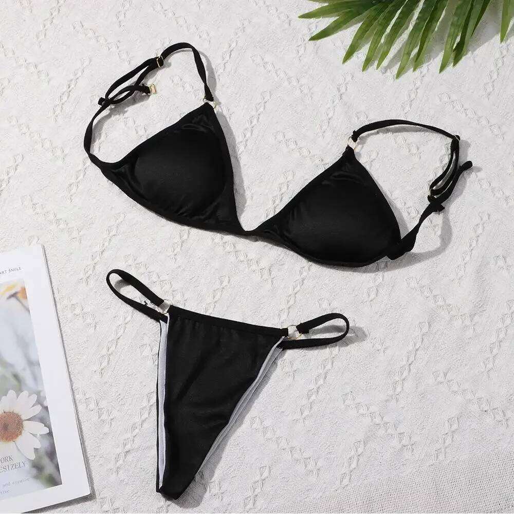 New Ladies Sexy Solid Color Sling Backless Bikini Set Metal Buckle Decorated Brazilian Beach Vacation Split Swimwear XJ260206