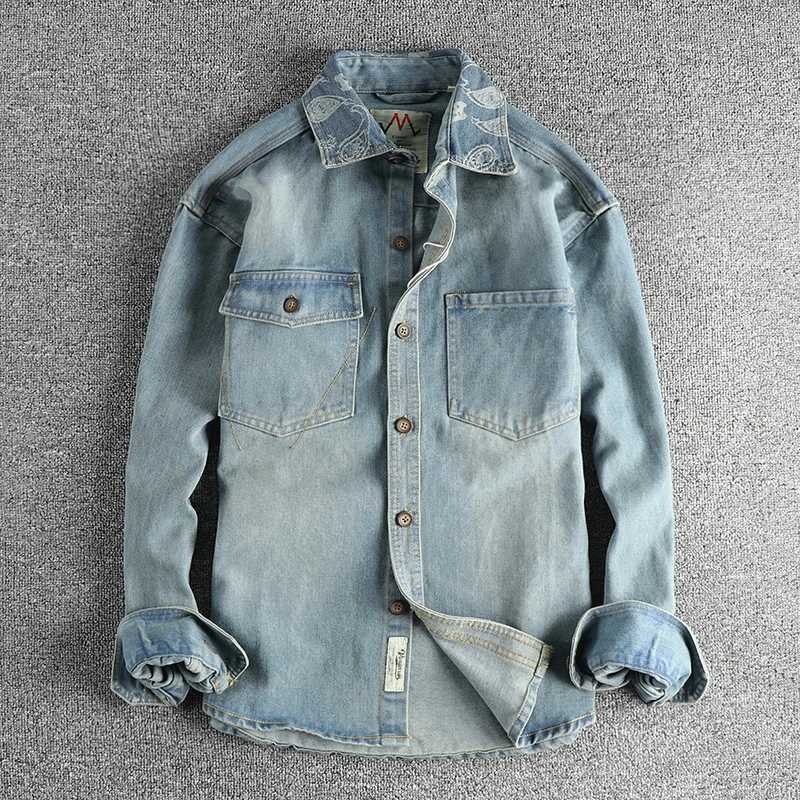 Heavy collar cashew flower embroidery design sense of British vintage denim shirt mens autumn trend coat with long sleeves M260309