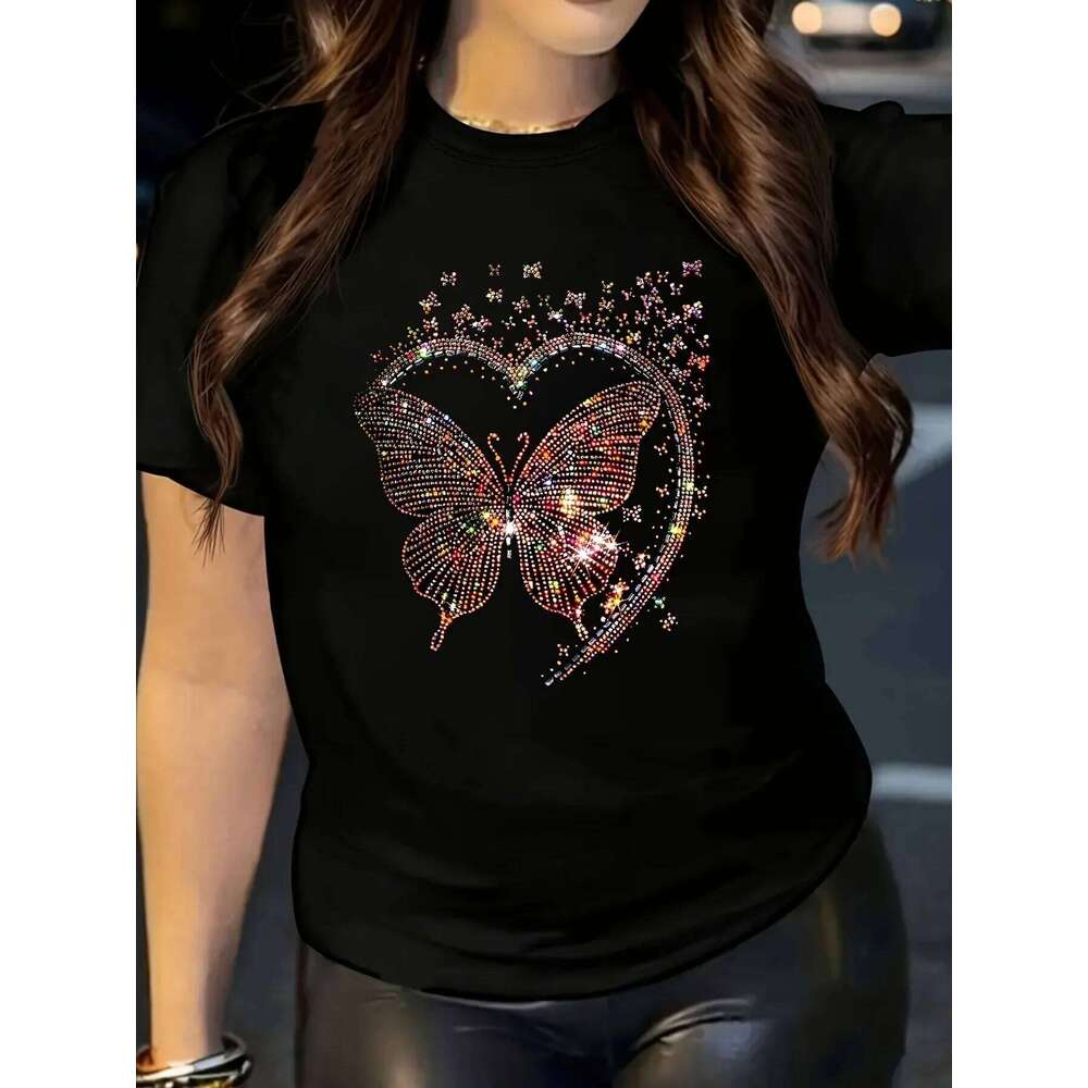 Chic Valentine's Day Butterfly Heart Print Casual T-Shirt for Women Clothing TopSoft Polyester, Crew Neck, Short Sleeve, Black XJ260306