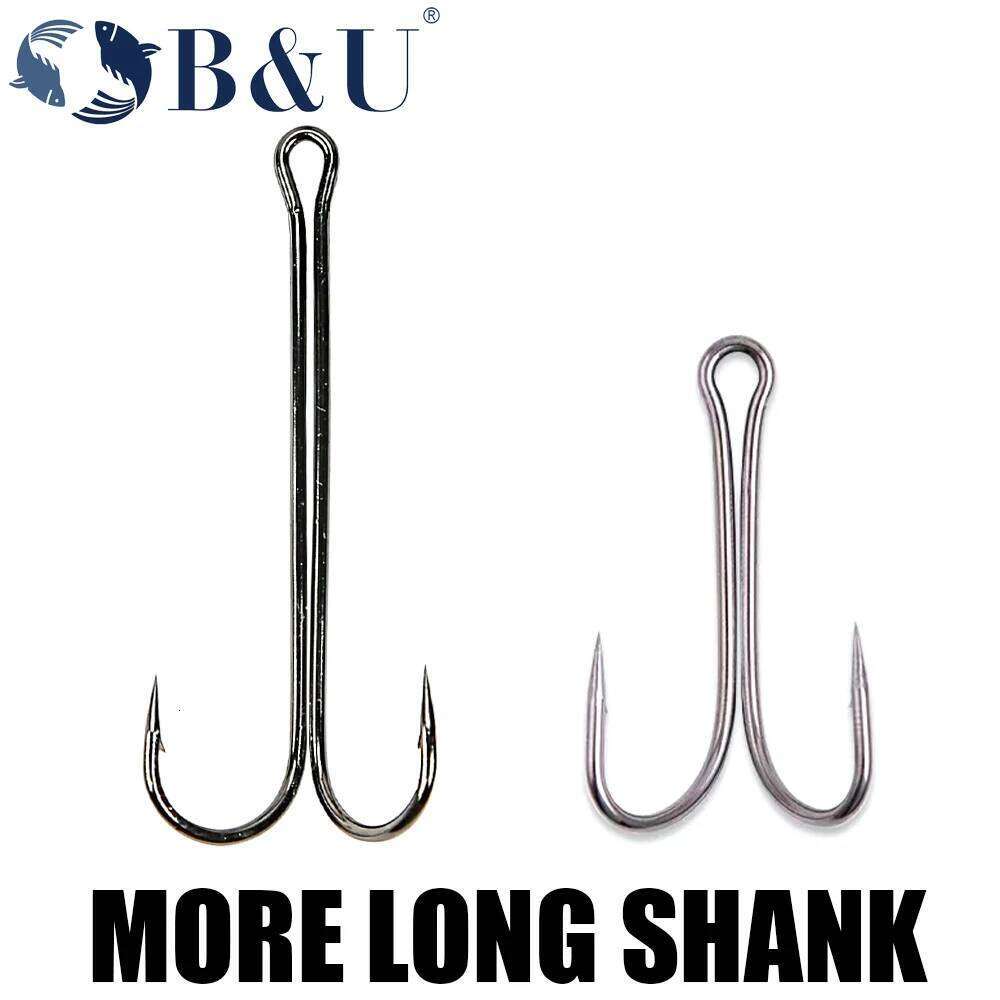 B&U hooks Super Long Double Hook long high carbon steel fishing tackle different sizes equiped with soft lure S260305