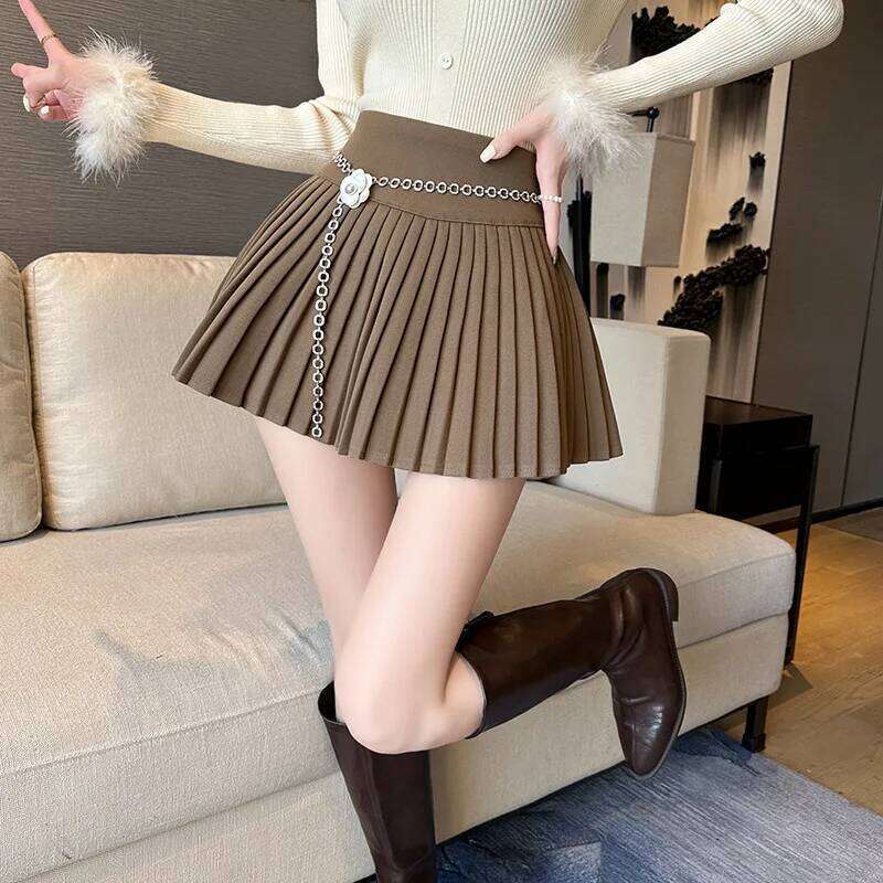 Korean Fashion Preppy Style Mini Women A-line High Waist Female Pleated Skirt Chain Lace-up Elegant Skirts XJ260309