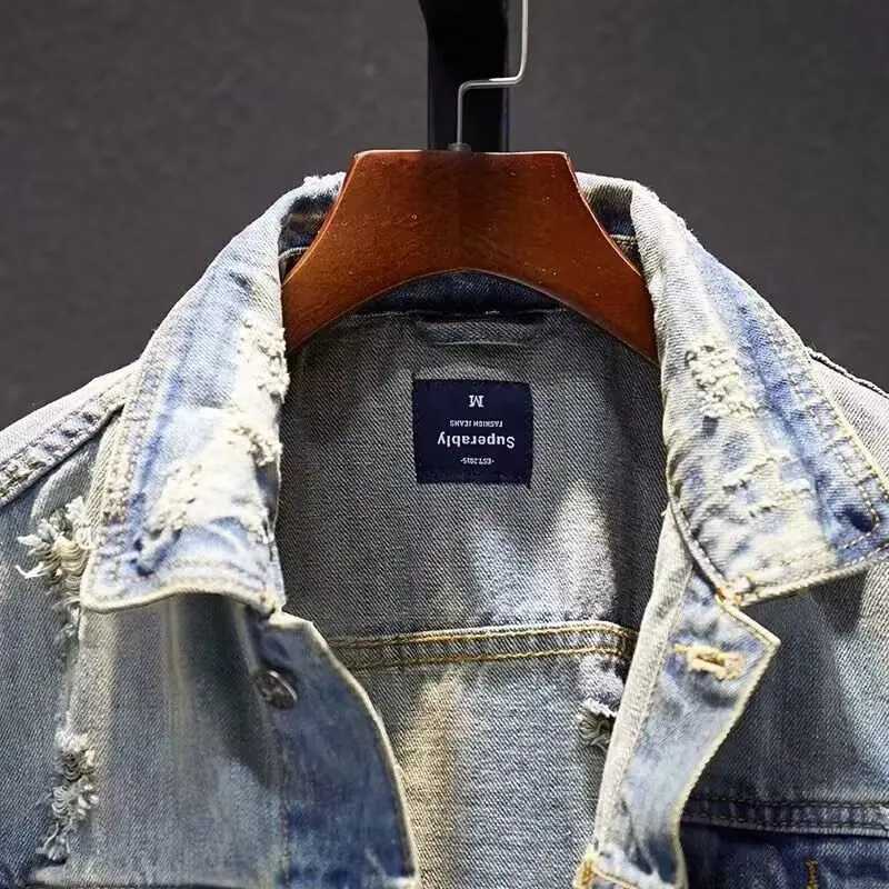 Retro Korean MenS Denim Jacket Retro Blue Slim Fit Jacket Youth Casual Fashion Lapel Ripped Denim Jacket M260309
