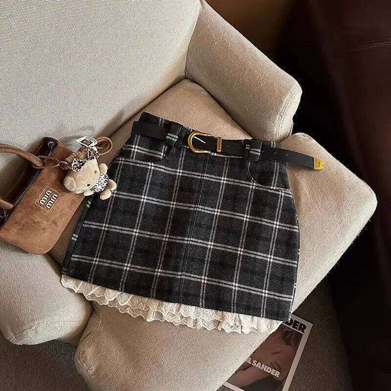 Woman Clothing Y2k Gingham JK Mini Skirts 2000s High Waist Sweet Lace Harajuku Korea A-Line Zipper Girls Vintage Autumn Winter XJ260309