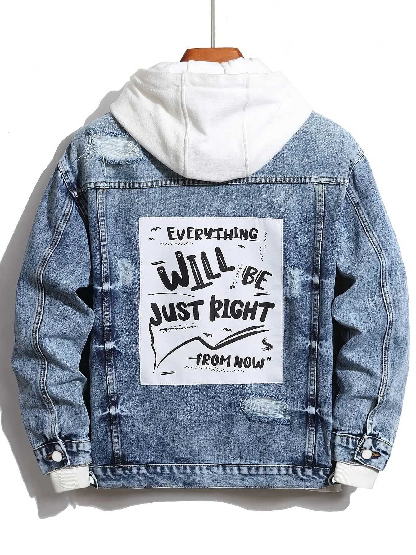 1PC Mens Four Seasons Explosion Destruction Washed Wash Print Light Jacket Everyday American Street Casual Denim Jacket M260309