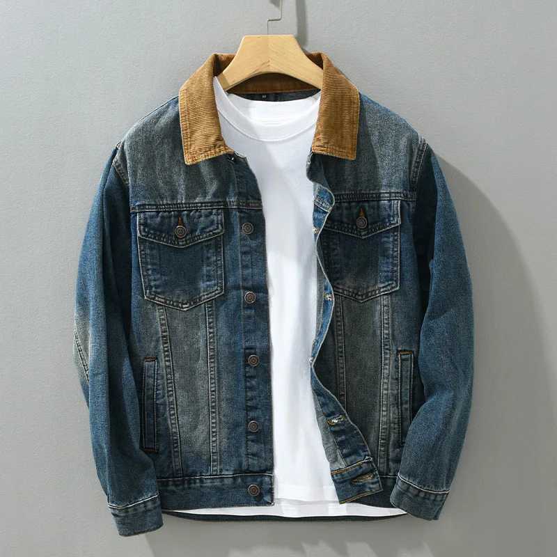Patchwork Denim Jackets for Men Spring Autumn American Vintage Casual Slim Fit Workwear Distressed Old Washed Jeans Tops Outwear M260309
