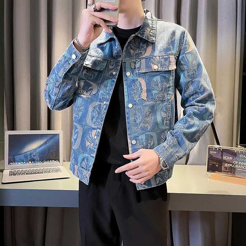 Stylish Autumn New Washed Mens Denim Jacket with Jacquard Print Pattern M260309