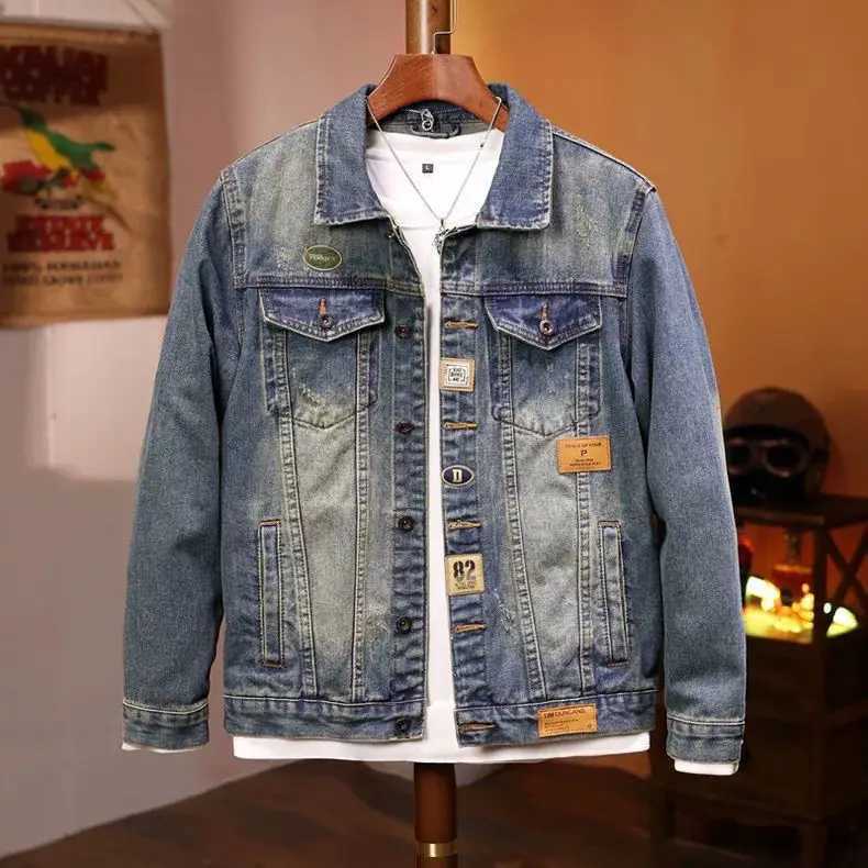 Korean Fashion Stylish Retro Cotton Outerwear Men Single Breasted Casual Jacket Spring Autumn Embroidered Jeans Coat M260309