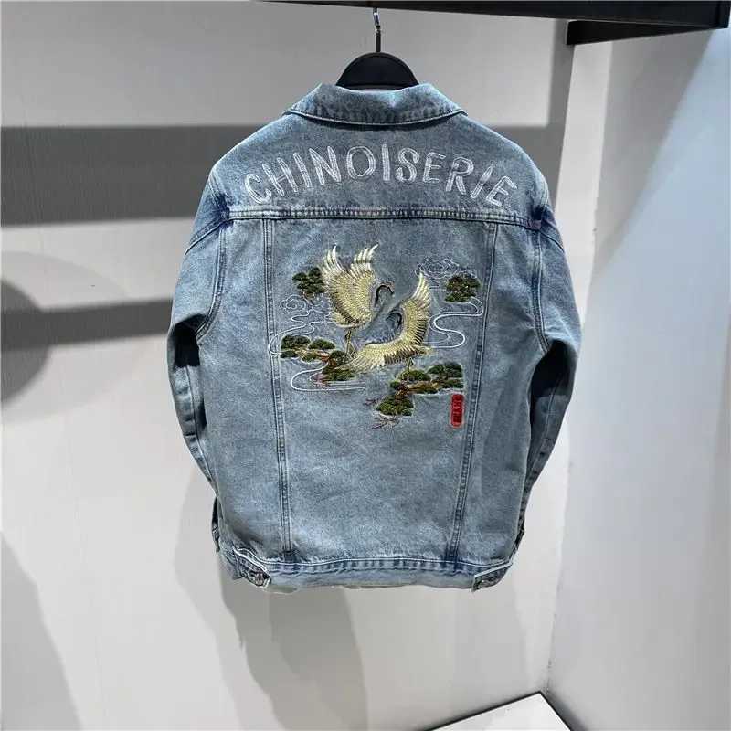Mens Denim Jacket with Embroidery Male Jean Coats Blue Original Autumn Menswear Y2k Fashion Washed Joker Cowboy Large Size L G M260309