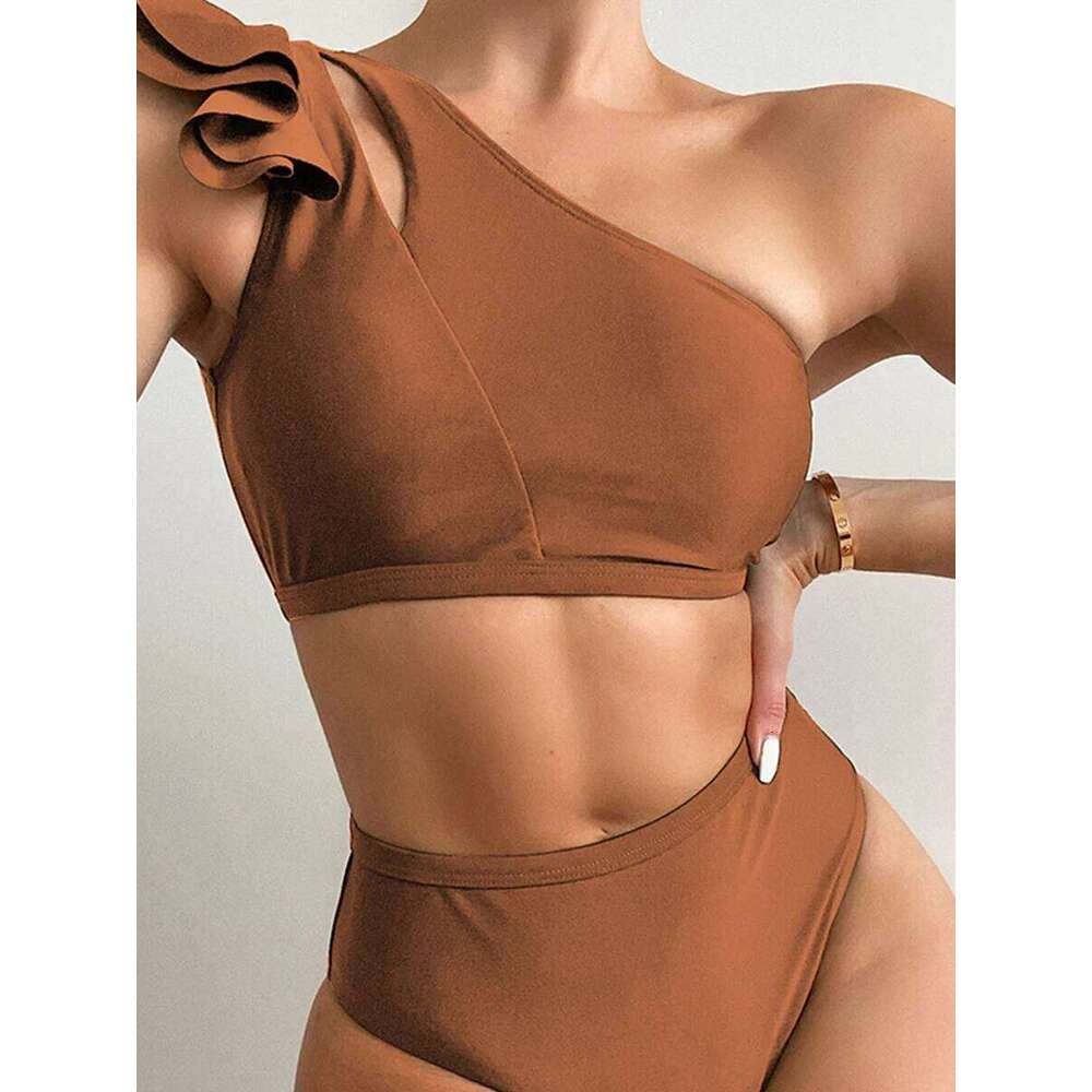 One Shoulder Bikinis 2025 Women Ruffle Swimsuit Solid High Waist Swimwear Female Padded Bathers Bathing Swimming Suit Beachwear XJ260206