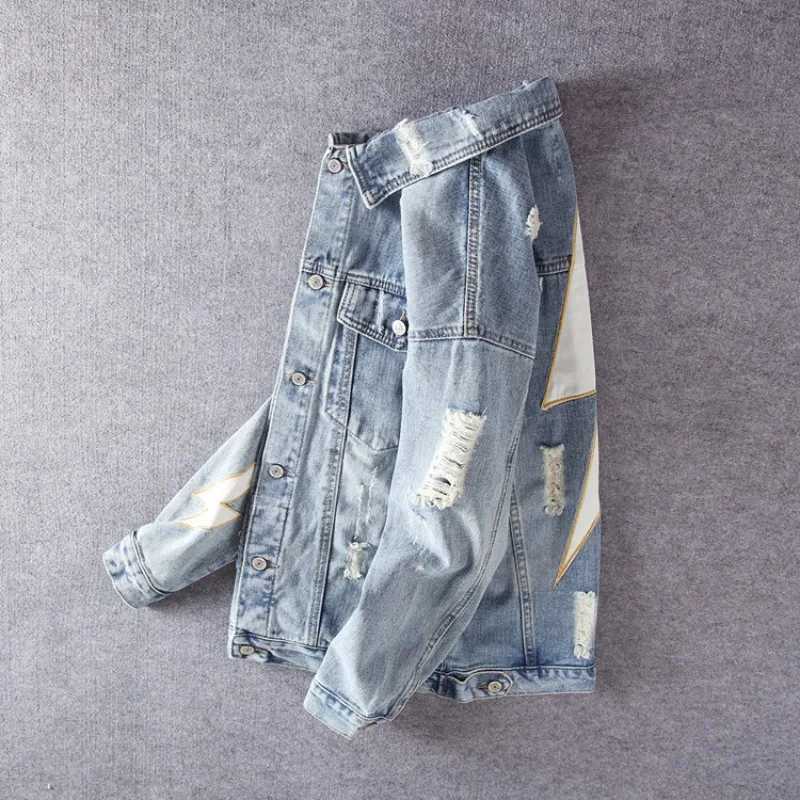 Spring New Lapels Denim Jacket Embroidered Letter Designs Spliced Coats Light Blue Hip-hop Ripped Men Jackets Mens Clothing M260309