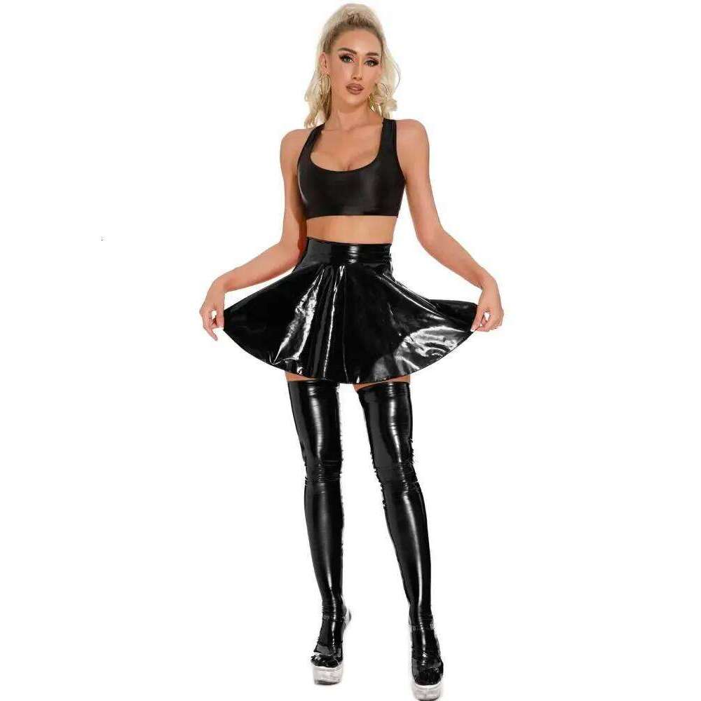 High Waist Wet Look PVC A-line Pleated Faldas Shiny PU Leather Tutu Skirt Hot Sexy Cosplay Micro Mini Skirts Jupe Saias Gonna XJ260309