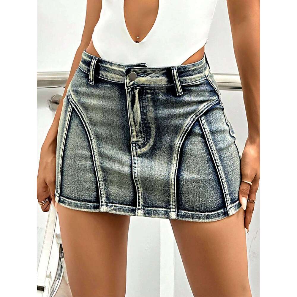 Y2k 2023 Fashion Women Carnival Holiday High Waist Solid Fake Pocket Skinny Mini A-Line Denim Skirt Streetwear XJ260309