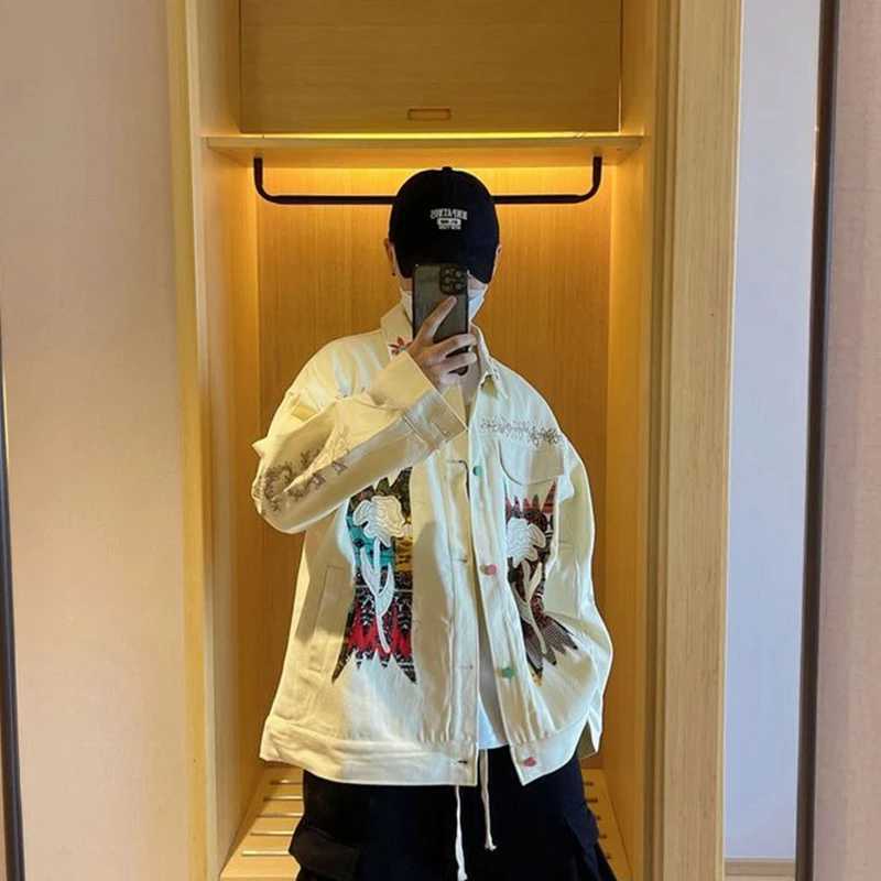 Retro Denim Jacket Men Autumn Winter New Style American Heavy Industry Embroidered Top Trendy Loose Casual Work Jacket Preppy M260309