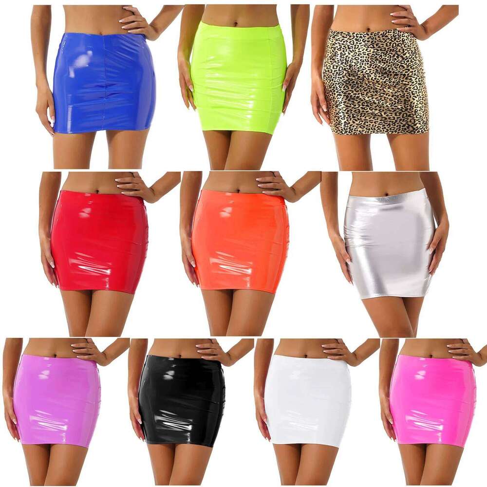 Womens Shiny Metallic Faux Leather Mini Skirt Latex Vinyl Elastic Waistband Micro Skirts Stretchy Bodycon Clubwear XJ260309