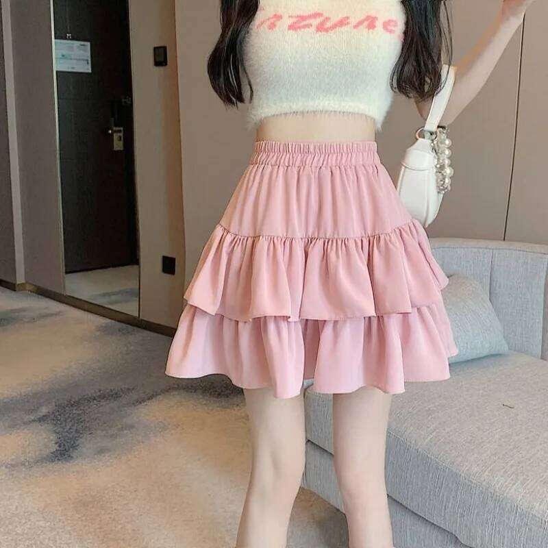 Ruffled Cake Skirts for Women High-waisted A-line Solid All-match Sweet Lovely Girls Korean Style Gentle Spring Kawaii Casual XJ260309
