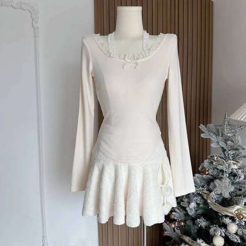 Spring Autumn Winter Women White Short Japanese Fashion Female High Waist Knitted Skirts Ruffled A-line Mini Skirt XJ260309