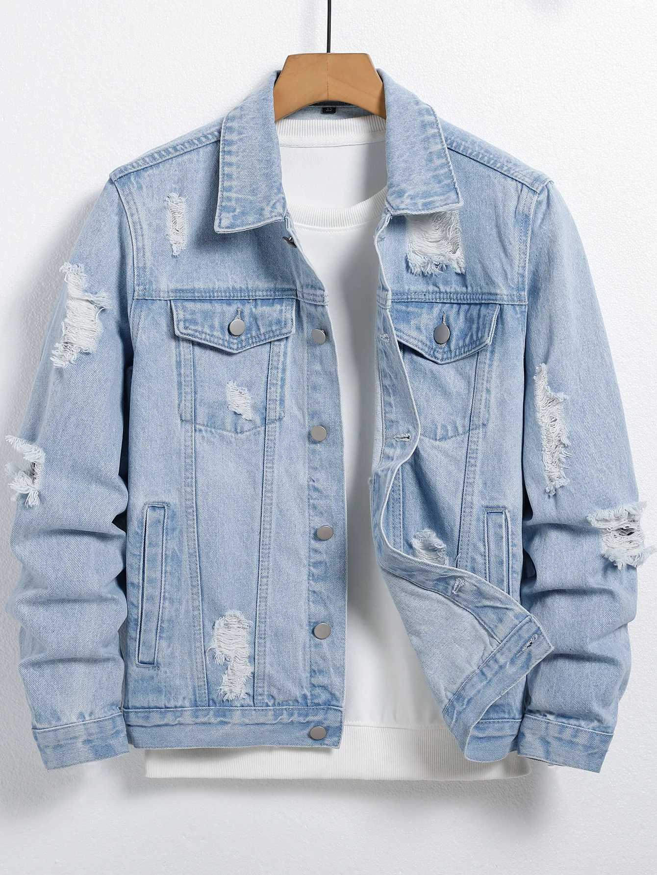 Mens light blue ripped denim jacket Stylish and trendy Street casual M260309